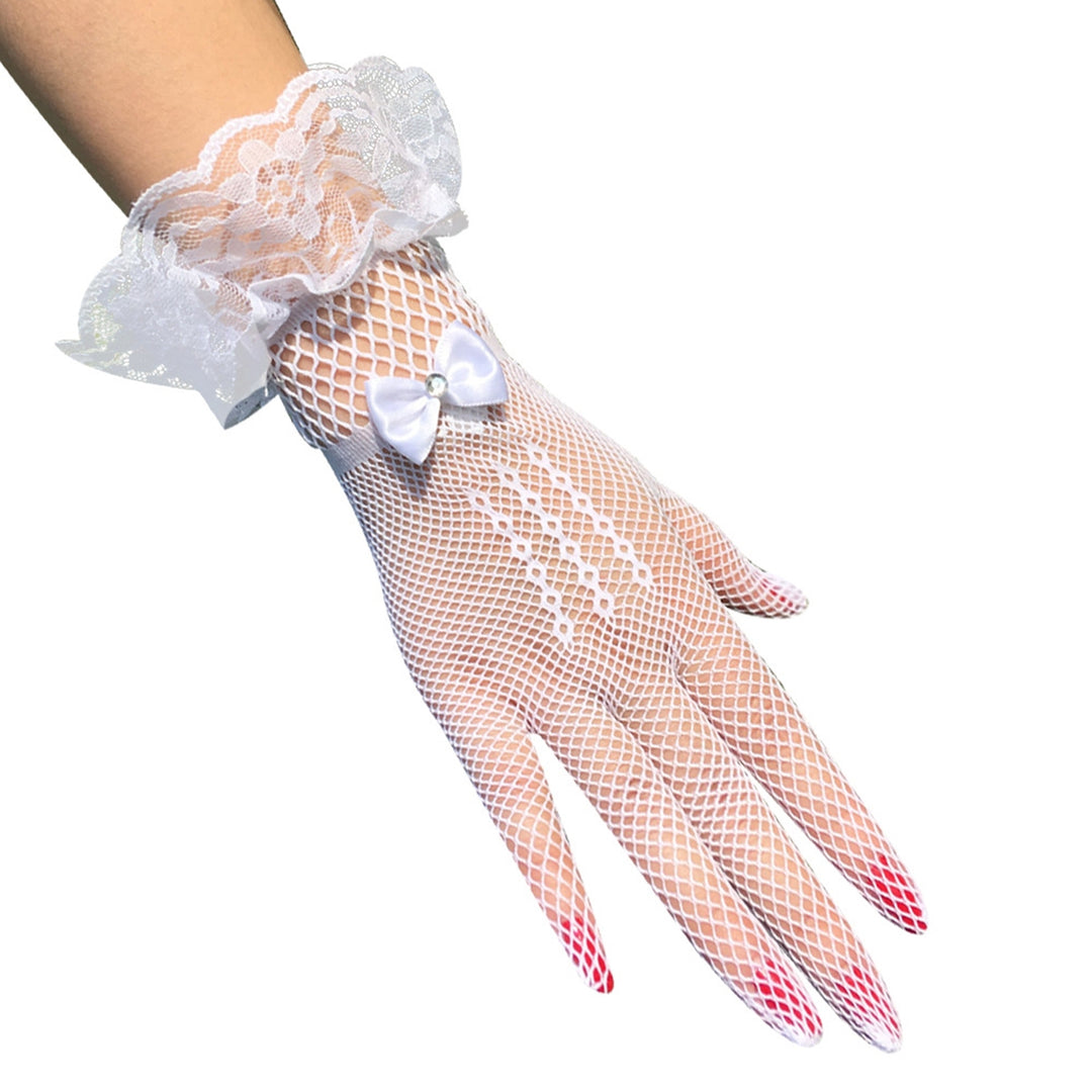 1 Pair Wedding Gloves Bowknot Rhinestone Elegant Good Elasticity Lace Gloves for Prom Image 4