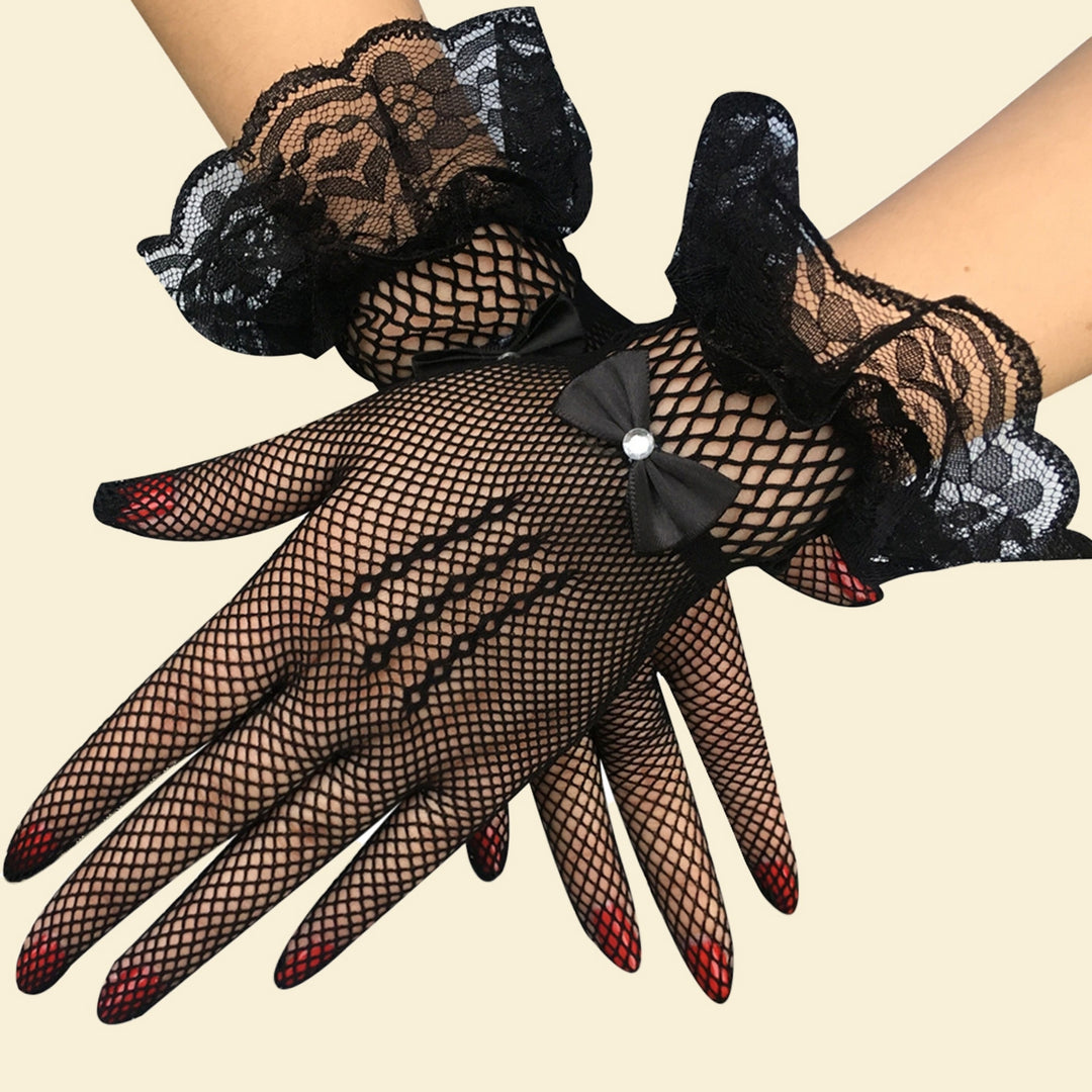 1 Pair Wedding Gloves Bowknot Rhinestone Elegant Good Elasticity Lace Gloves for Prom Image 4