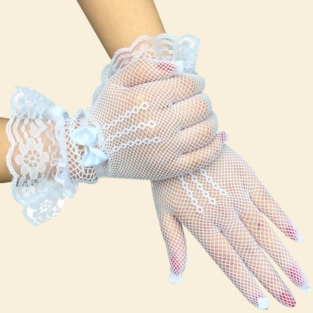 1 Pair Wedding Gloves Bowknot Rhinestone Elegant Good Elasticity Lace Gloves for Prom Image 7