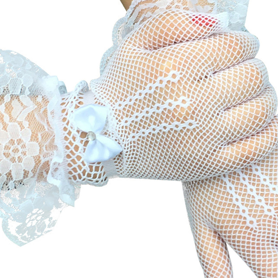 1 Pair Wedding Gloves Bowknot Rhinestone Elegant Good Elasticity Lace Gloves for Prom Image 9