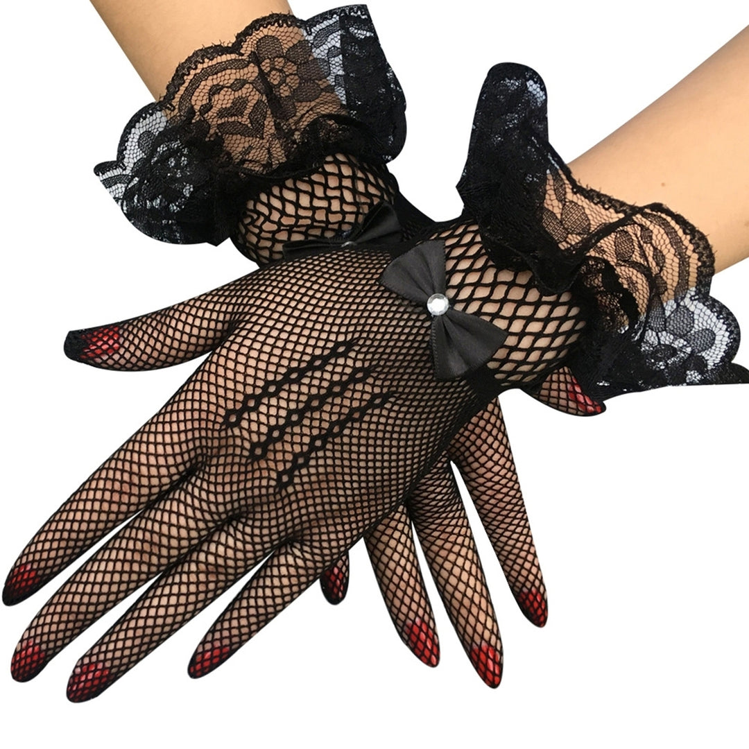 1 Pair Wedding Gloves Bowknot Rhinestone Elegant Good Elasticity Lace Gloves for Prom Image 11