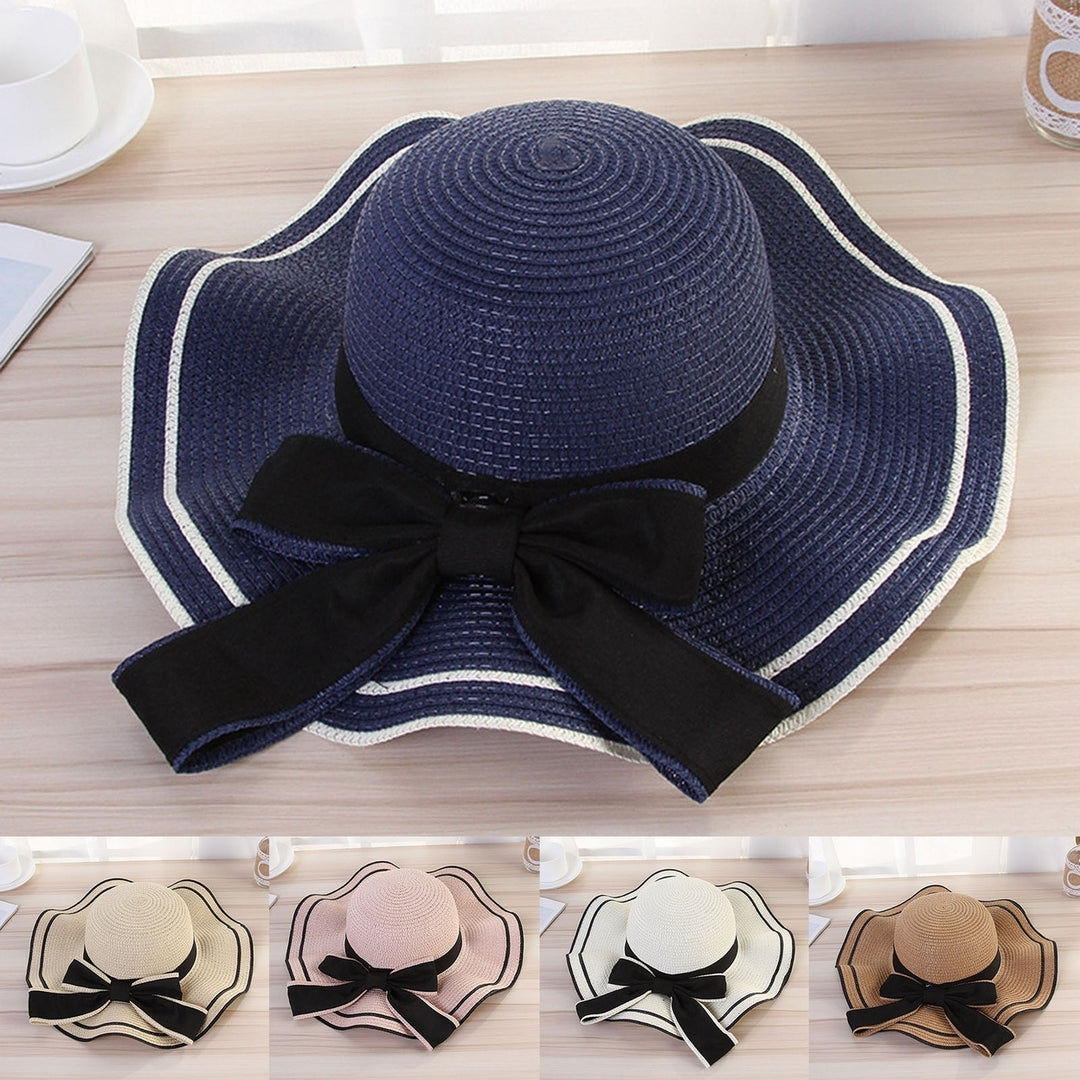 Windproof Sun Hat Spring Summer Wide Brim Bowknot Decor Straw Hat for Daily Wear Image 1