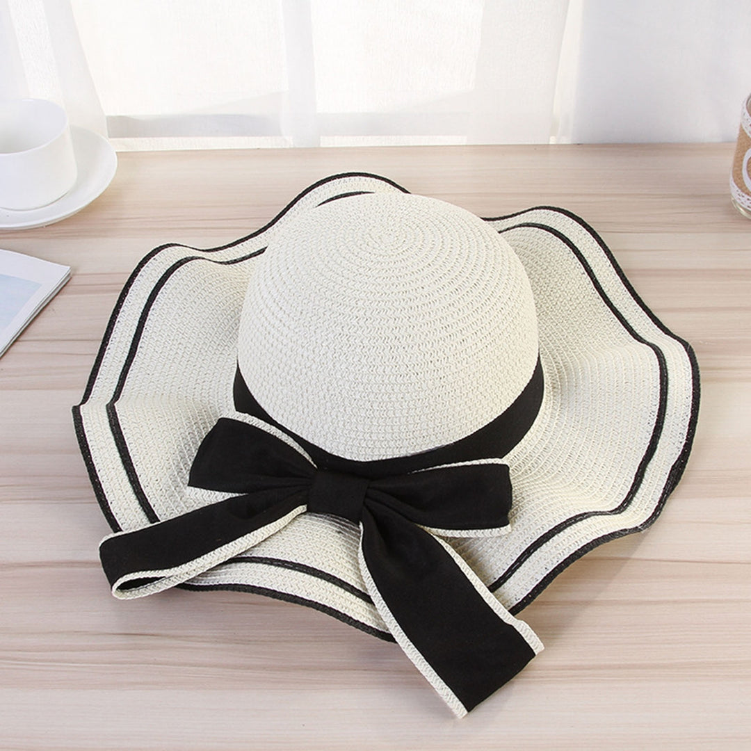 Windproof Sun Hat Spring Summer Wide Brim Bowknot Decor Straw Hat for Daily Wear Image 8