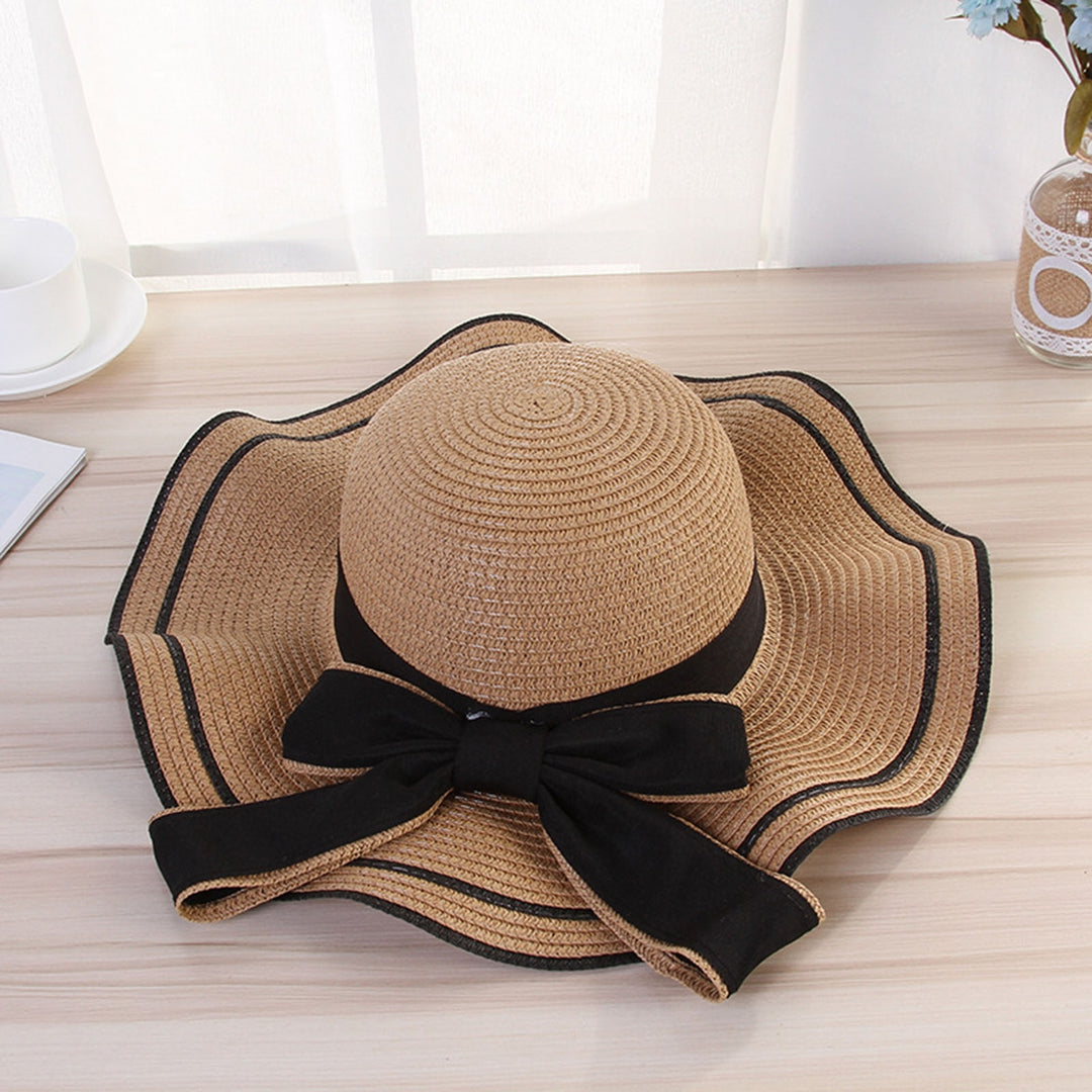 Windproof Sun Hat Spring Summer Wide Brim Bowknot Decor Straw Hat for Daily Wear Image 9