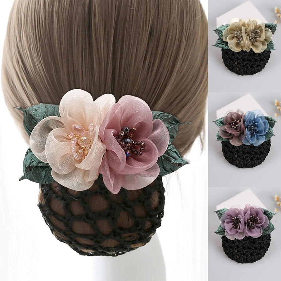 Elastic Elegant Women Hair Net Ribbon Flowers Beads Bun Net Hairgrip Hair Styling Accessories Image 1