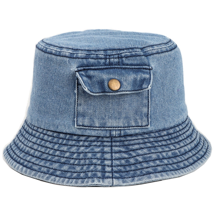 Denim Sun Hat Flat Top Lightweight Pocket Decor Bucket Hat for Daily Life Image 3