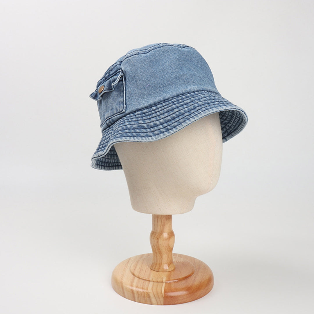 Denim Sun Hat Flat Top Lightweight Pocket Decor Bucket Hat for Daily Life Image 4