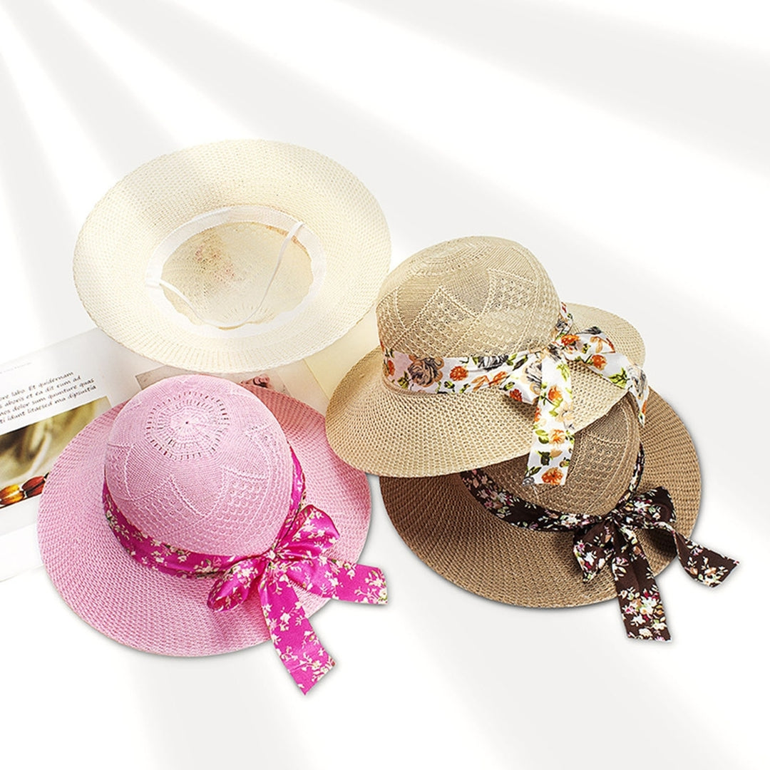 Women Sun Hat Solid Color Breathable Holes Wide Brim Beach Hat Headwear Image 1