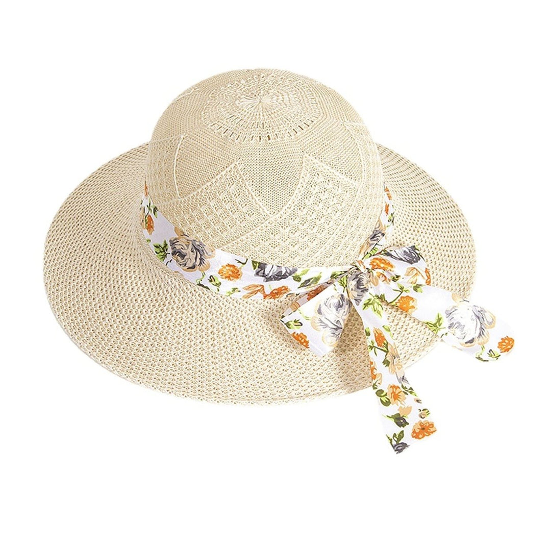 Women Sun Hat Solid Color Breathable Holes Wide Brim Beach Hat Headwear Image 1