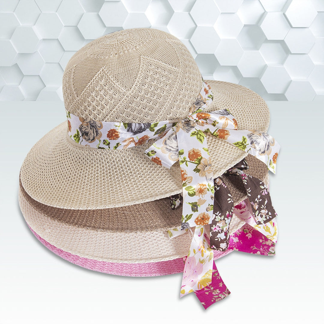 Women Sun Hat Solid Color Breathable Holes Wide Brim Beach Hat Headwear Image 6