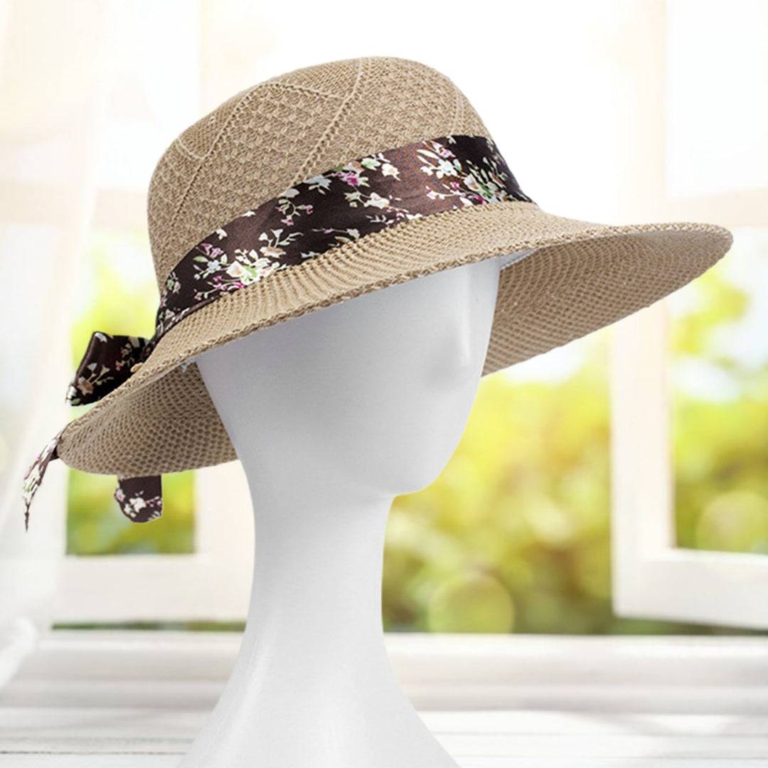 Women Sun Hat Solid Color Breathable Holes Wide Brim Beach Hat Headwear Image 8
