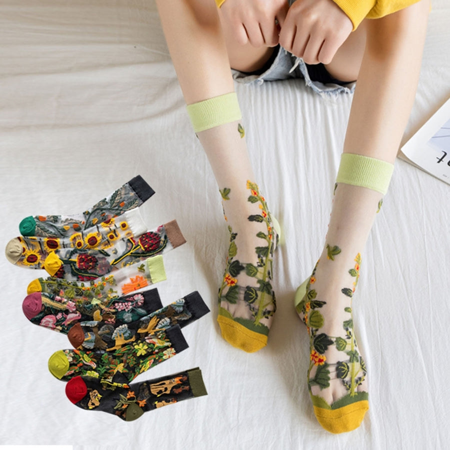 1 Pair Ultrathin Transparent Glass Silk Girls Socks Embroidery Flower Leaves Summer Socks Female Accessories Image 1