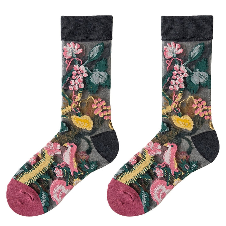 1 Pair Ultrathin Transparent Glass Silk Girls Socks Embroidery Flower Leaves Summer Socks Female Accessories Image 7