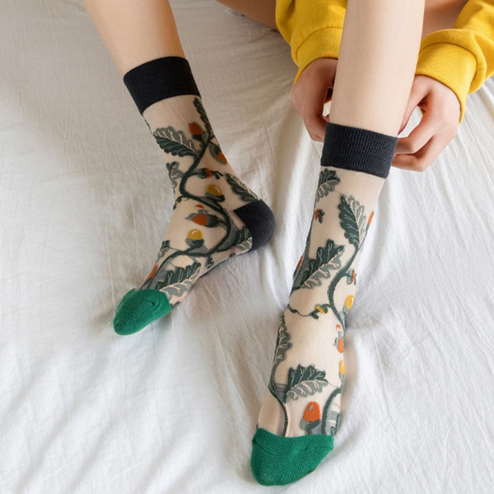 1 Pair Ultrathin Transparent Glass Silk Girls Socks Embroidery Flower Leaves Summer Socks Female Accessories Image 10