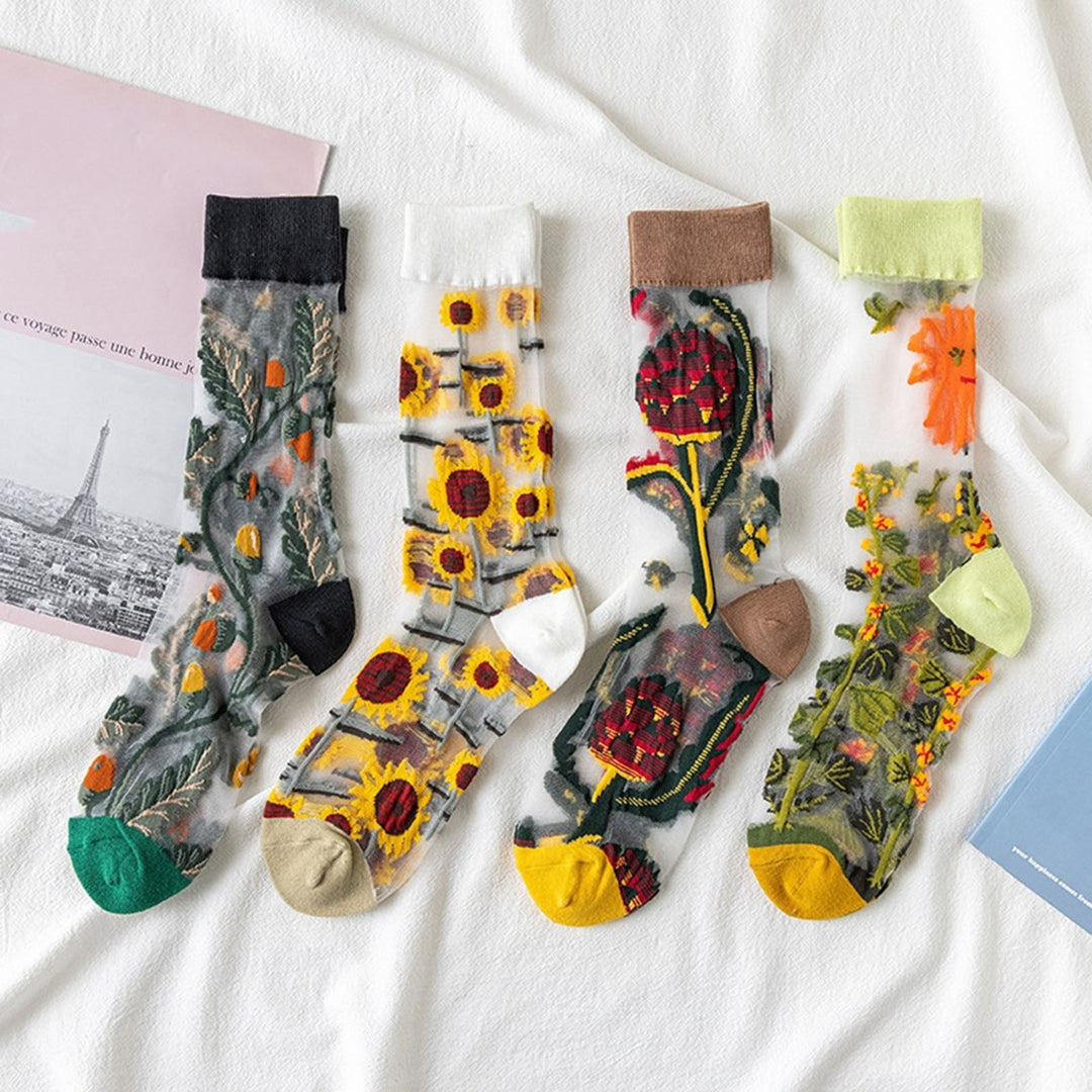 1 Pair Ultrathin Transparent Glass Silk Girls Socks Embroidery Flower Leaves Summer Socks Female Accessories Image 11