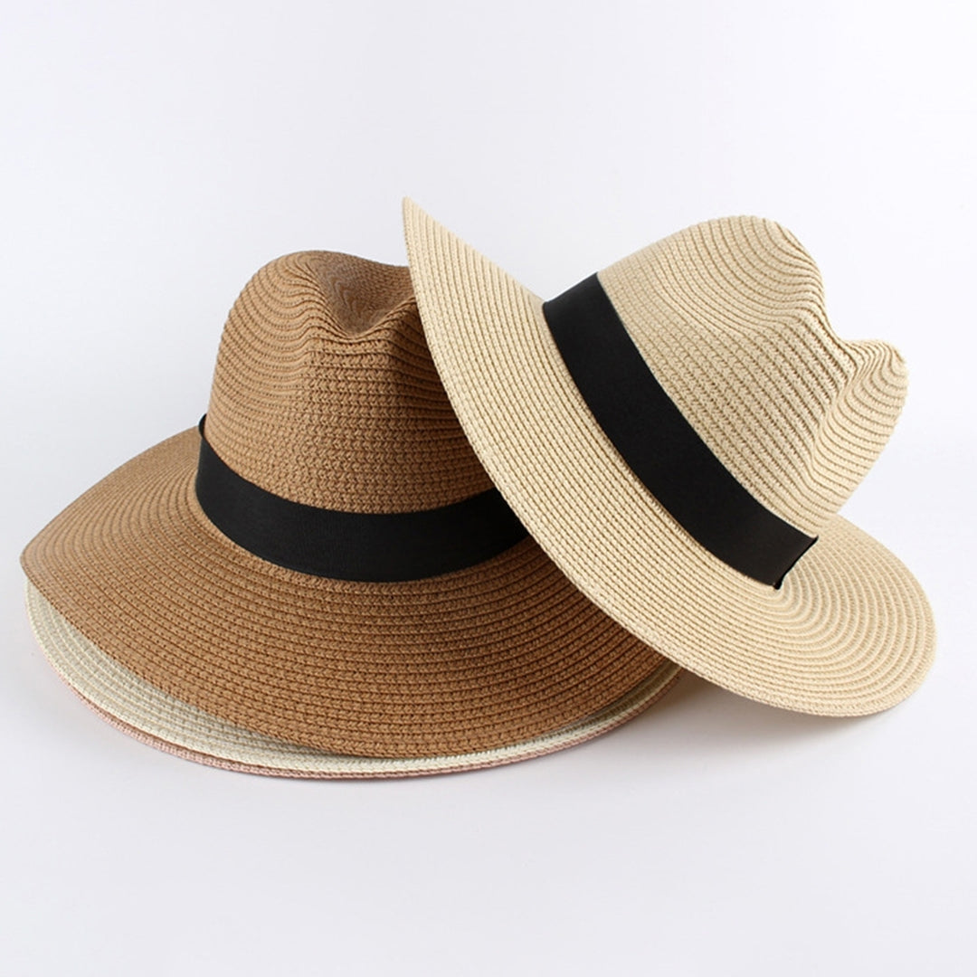 Beach Sun Hat Straw Braid UV Protection Men Women Waterproof Anti Sun Boater Hat for Beach Image 1