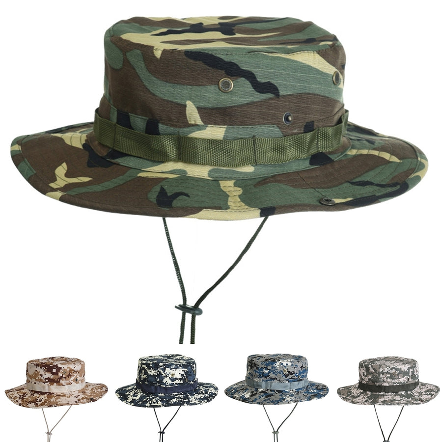 Benny Hat Unisex Flat-top Fasten String Camouflage Print Fisherman Hat Jungle Headwear Image 1