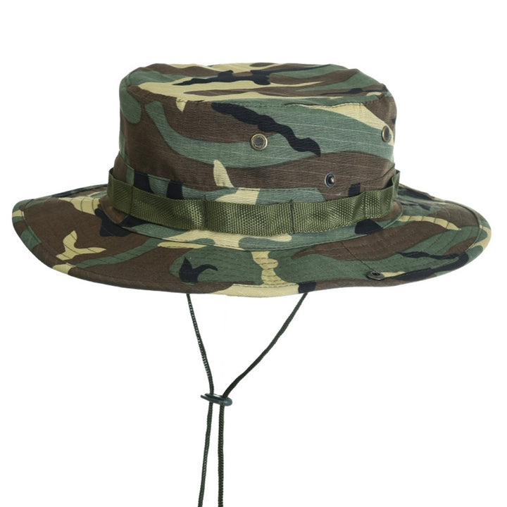 Benny Hat Unisex Flat-top Fasten String Camouflage Print Fisherman Hat Jungle Headwear Image 1