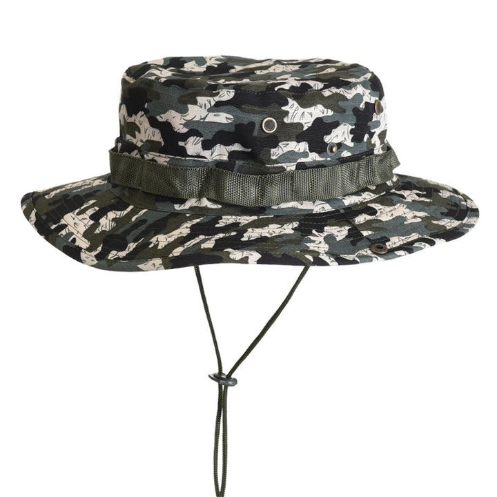 Benny Hat Unisex Flat-top Fasten String Camouflage Print Fisherman Hat Jungle Headwear Image 1