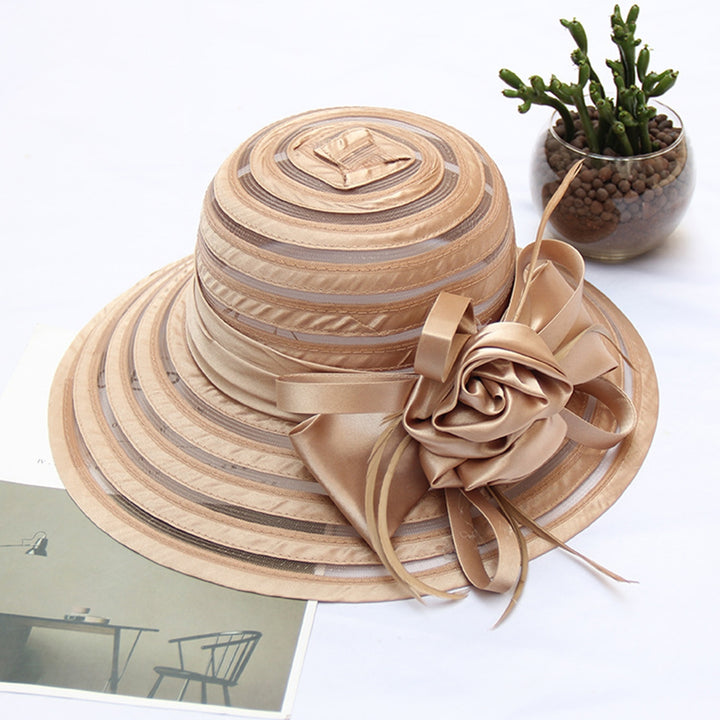 Sun Hat Flower Decor Wide Brim Lightweight Stripe See-through Mesh Women Church Cap Bridal Hat Image 10