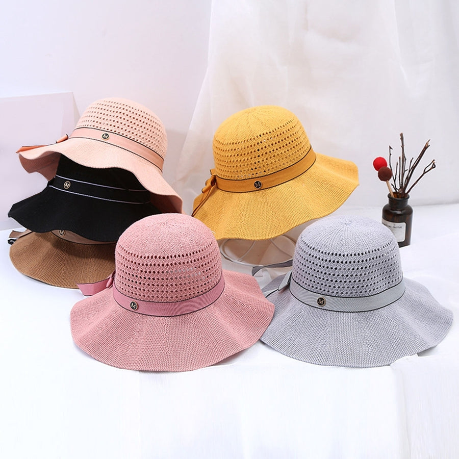 Sun Hat Folding Sun Protection Knitted Wide Brim Ribbon Bow Women Beach Hat for Outdoor Image 1