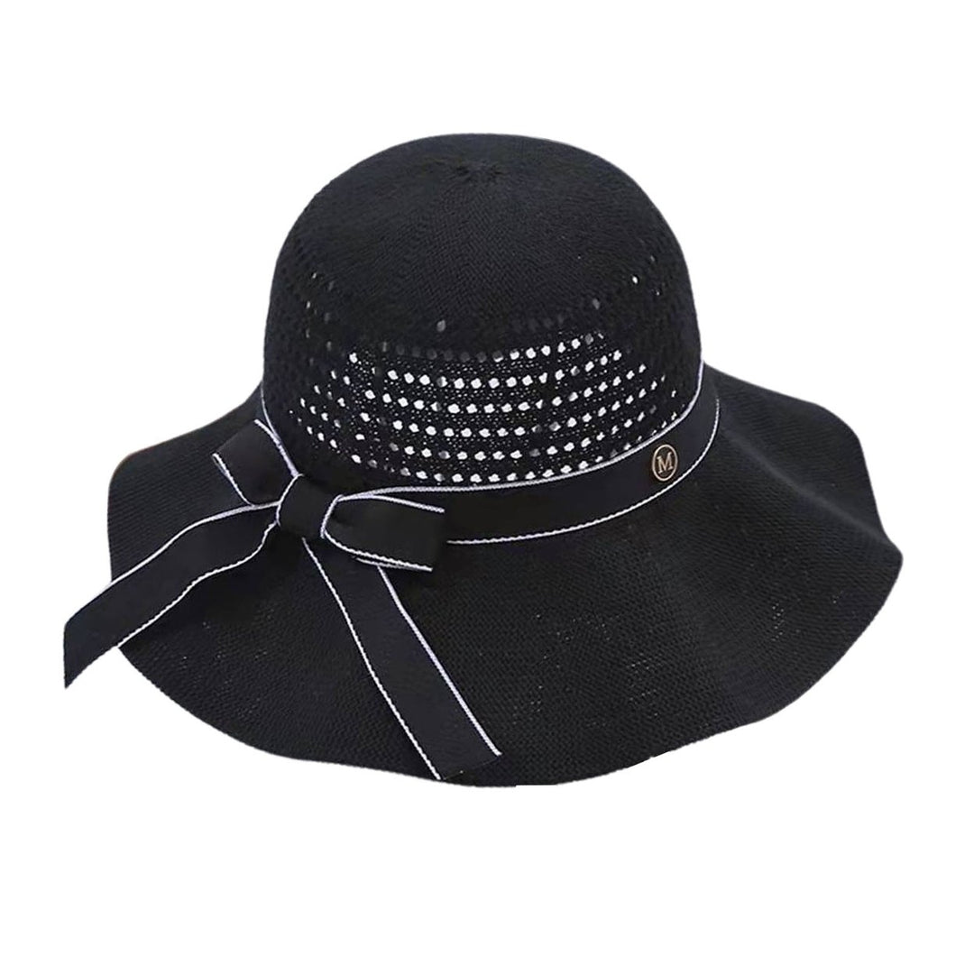 Sun Hat Folding Sun Protection Knitted Wide Brim Ribbon Bow Women Beach Hat for Outdoor Image 2