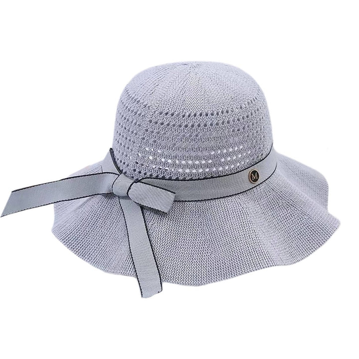 Sun Hat Folding Sun Protection Knitted Wide Brim Ribbon Bow Women Beach Hat for Outdoor Image 3