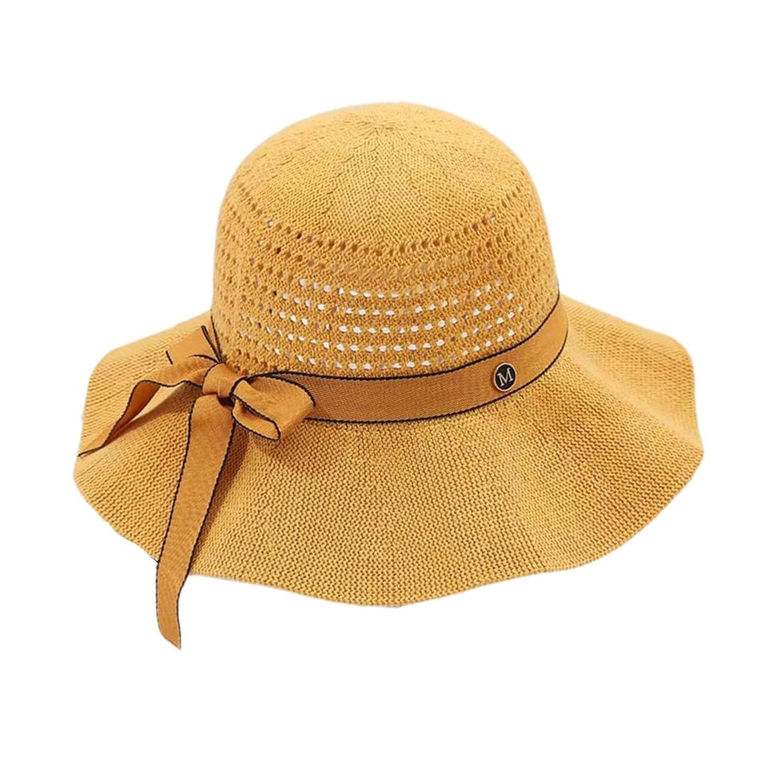 Sun Hat Folding Sun Protection Knitted Wide Brim Ribbon Bow Women Beach Hat for Outdoor Image 4