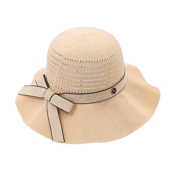 Sun Hat Folding Sun Protection Knitted Wide Brim Ribbon Bow Women Beach Hat for Outdoor Image 4