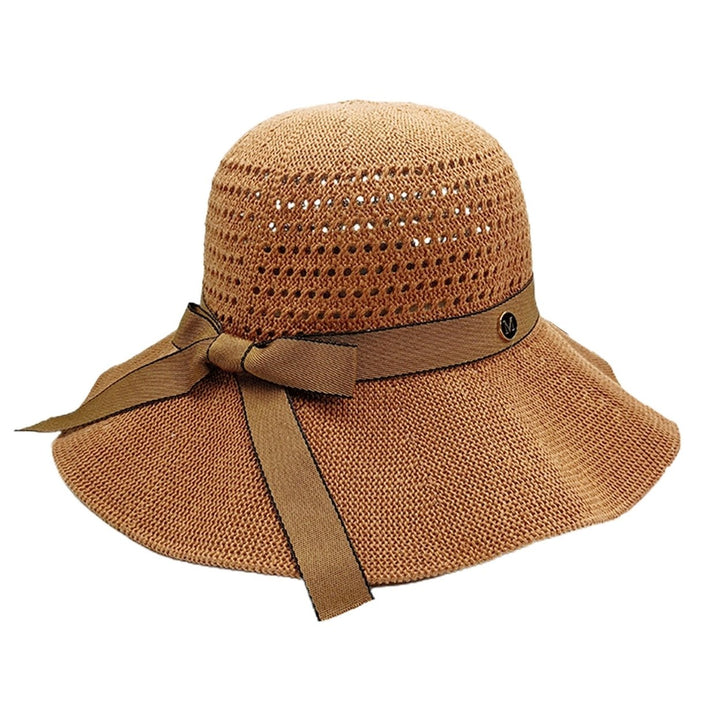 Sun Hat Folding Sun Protection Knitted Wide Brim Ribbon Bow Women Beach Hat for Outdoor Image 6