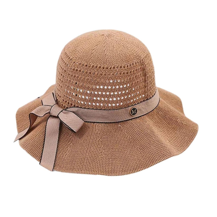 Sun Hat Folding Sun Protection Knitted Wide Brim Ribbon Bow Women Beach Hat for Outdoor Image 7