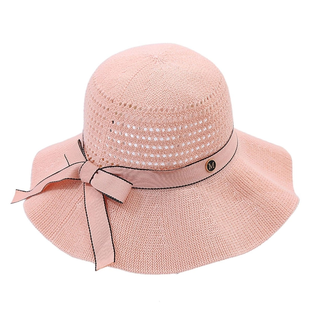 Sun Hat Folding Sun Protection Knitted Wide Brim Ribbon Bow Women Beach Hat for Outdoor Image 8