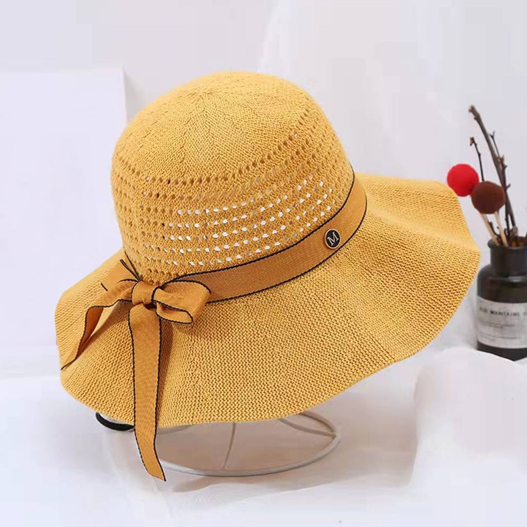 Sun Hat Folding Sun Protection Knitted Wide Brim Ribbon Bow Women Beach Hat for Outdoor Image 9