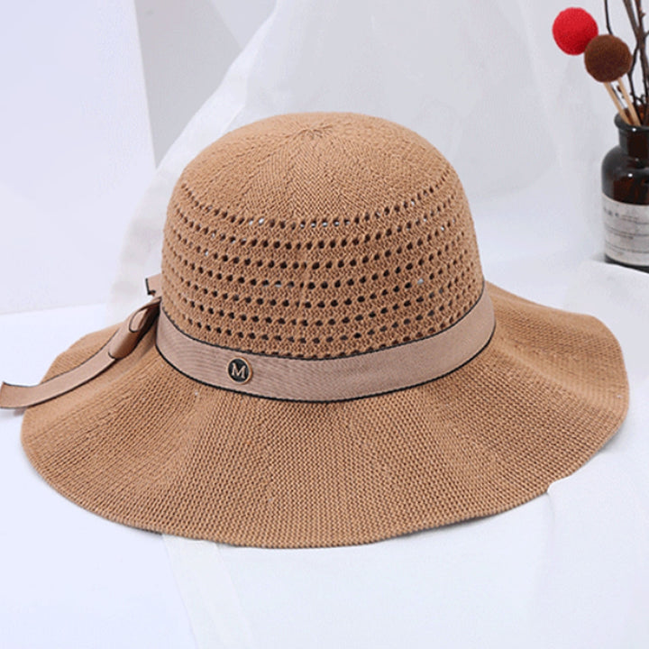 Sun Hat Folding Sun Protection Knitted Wide Brim Ribbon Bow Women Beach Hat for Outdoor Image 10