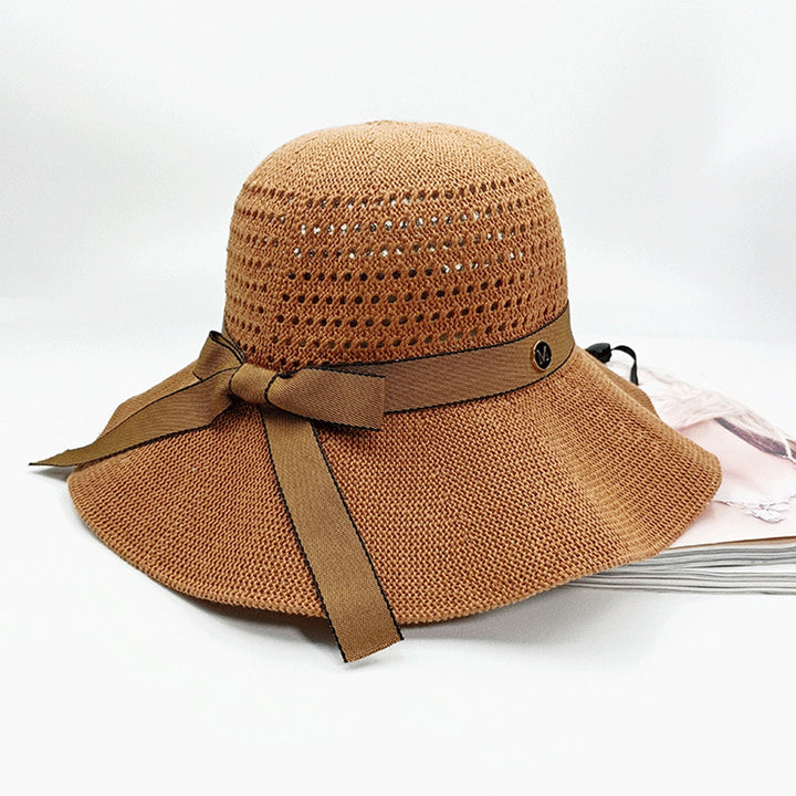 Sun Hat Folding Sun Protection Knitted Wide Brim Ribbon Bow Women Beach Hat for Outdoor Image 11