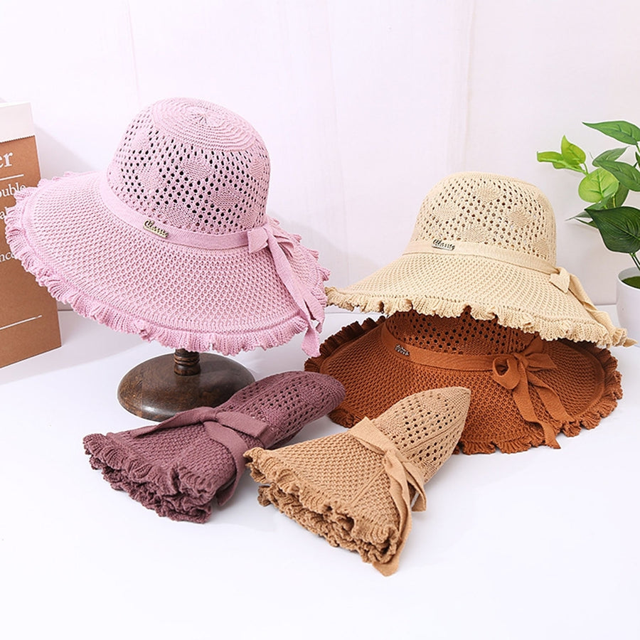 Summer Hat Hollowed-out Sun Protection Ruffled Edge Large Brim Sweet Bow Lady Sun Cap for Dating Image 1
