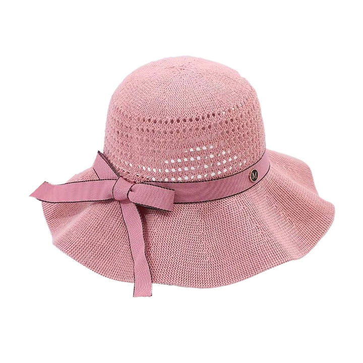 Sun Hat Folding Sun Protection Knitted Wide Brim Ribbon Bow Women Beach Hat for Outdoor Image 12