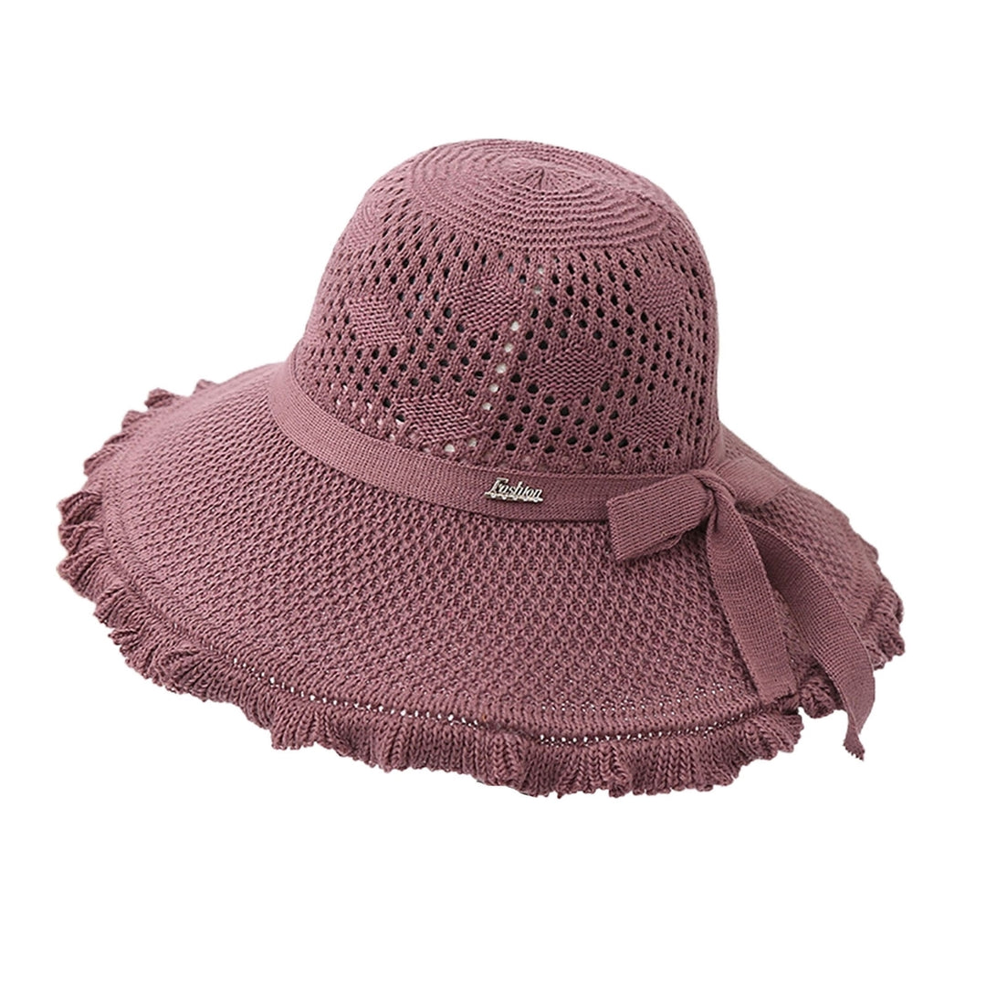 Summer Hat Hollowed-out Sun Protection Ruffled Edge Large Brim Sweet Bow Lady Sun Cap for Dating Image 2