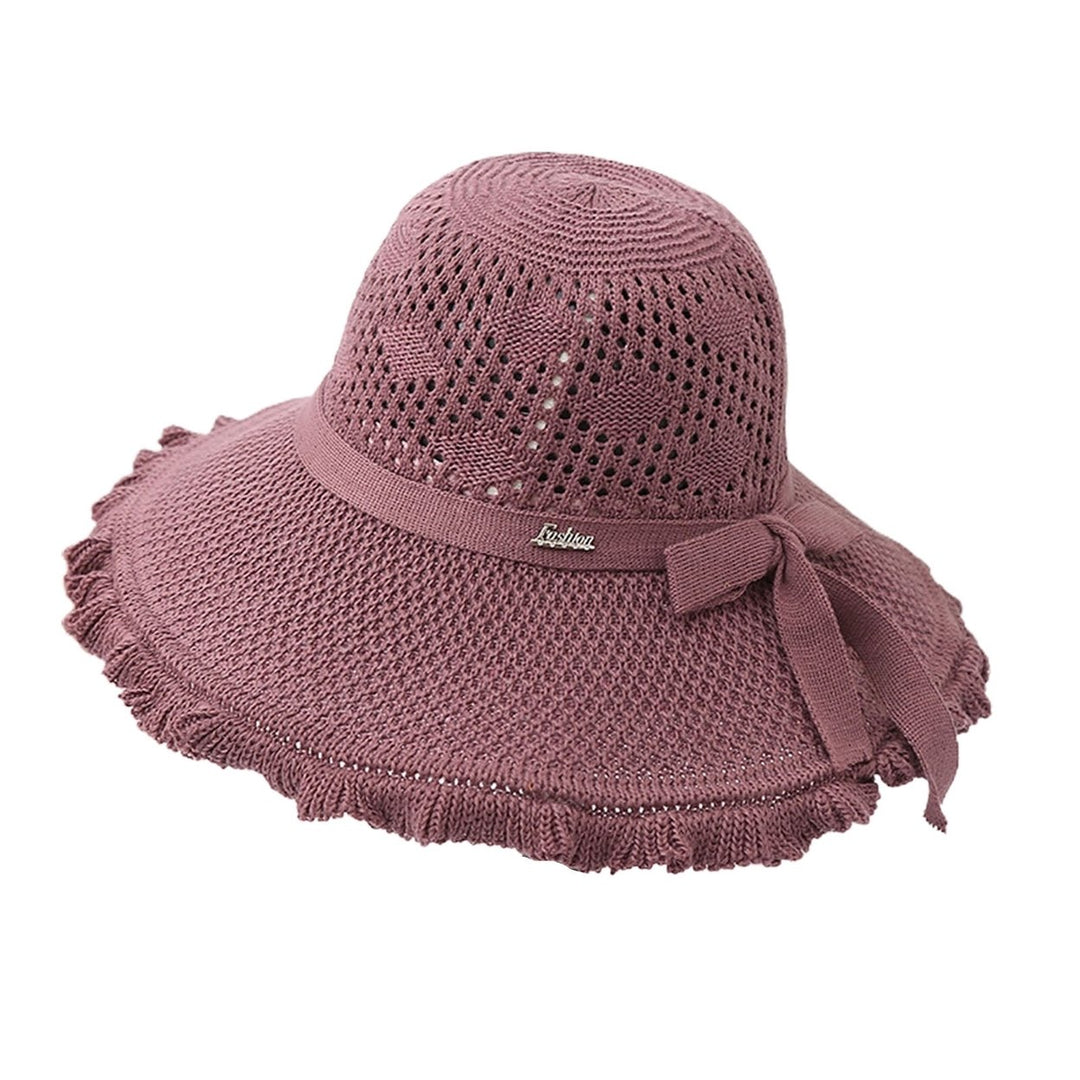 Summer Hat Hollowed-out Sun Protection Ruffled Edge Large Brim Sweet Bow Lady Sun Cap for Dating Image 1