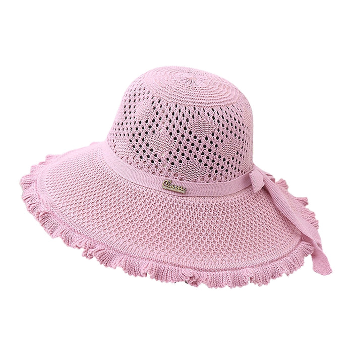 Summer Hat Hollowed-out Sun Protection Ruffled Edge Large Brim Sweet Bow Lady Sun Cap for Dating Image 3