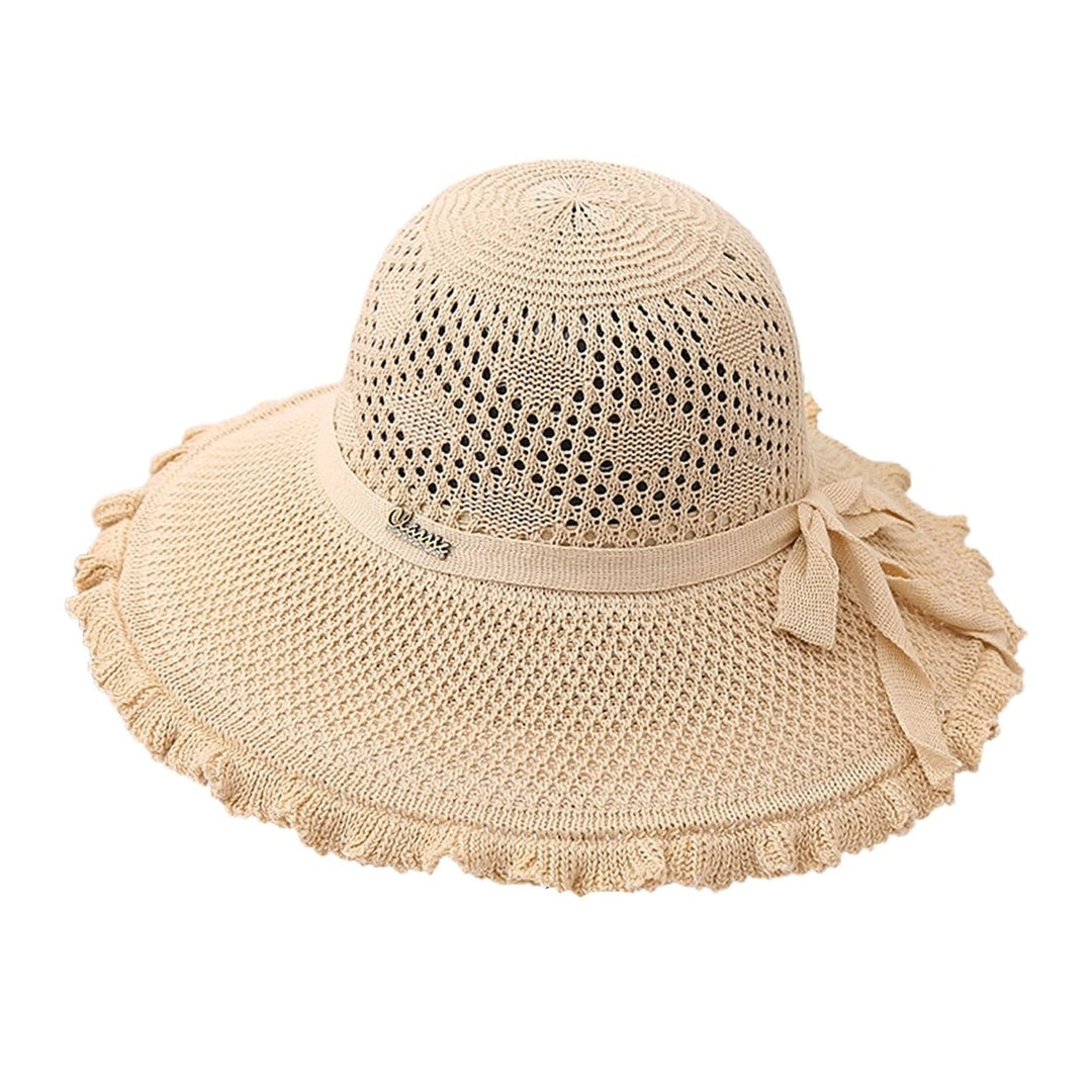 Summer Hat Hollowed-out Sun Protection Ruffled Edge Large Brim Sweet Bow Lady Sun Cap for Dating Image 1