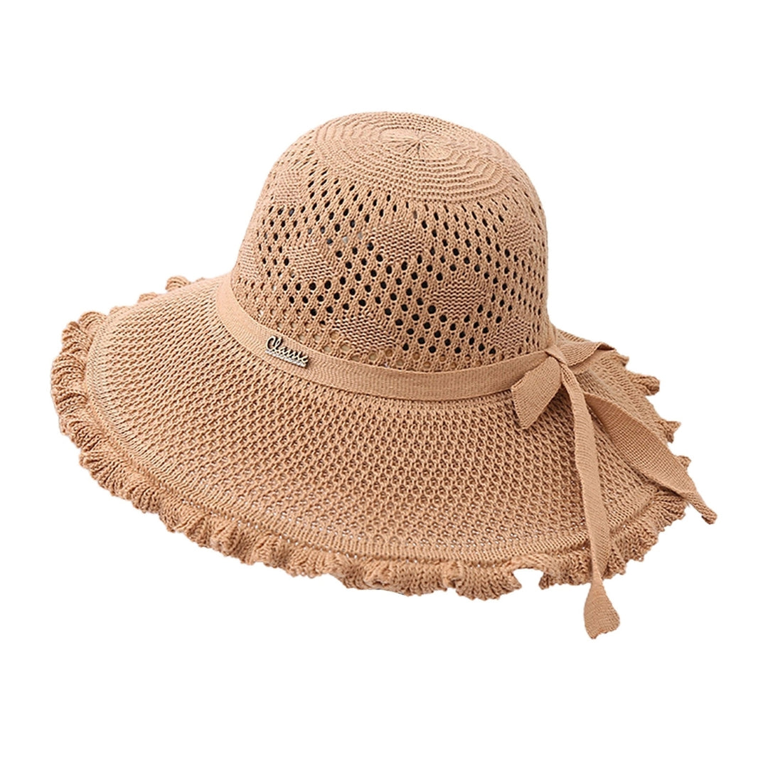 Summer Hat Hollowed-out Sun Protection Ruffled Edge Large Brim Sweet Bow Lady Sun Cap for Dating Image 4