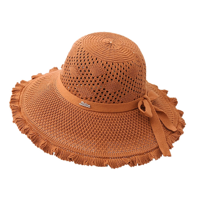 Summer Hat Hollowed-out Sun Protection Ruffled Edge Large Brim Sweet Bow Lady Sun Cap for Dating Image 6