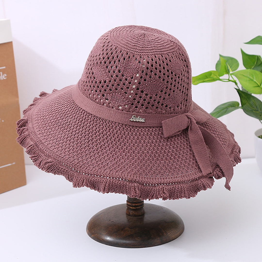 Summer Hat Hollowed-out Sun Protection Ruffled Edge Large Brim Sweet Bow Lady Sun Cap for Dating Image 7