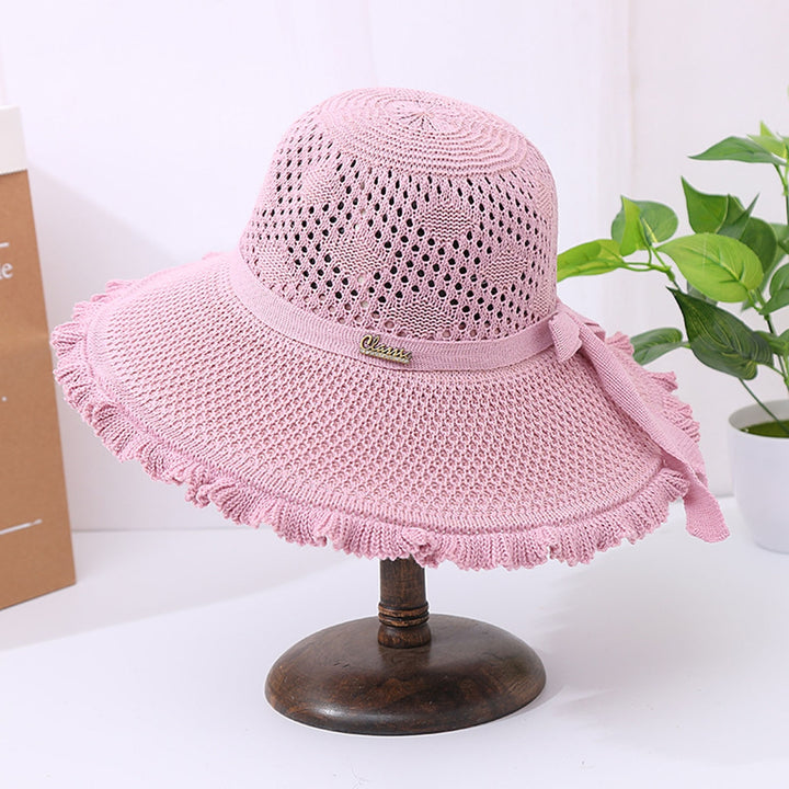 Summer Hat Hollowed-out Sun Protection Ruffled Edge Large Brim Sweet Bow Lady Sun Cap for Dating Image 8