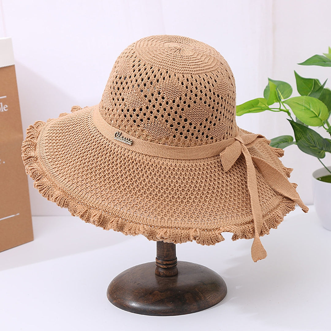 Summer Hat Hollowed-out Sun Protection Ruffled Edge Large Brim Sweet Bow Lady Sun Cap for Dating Image 11