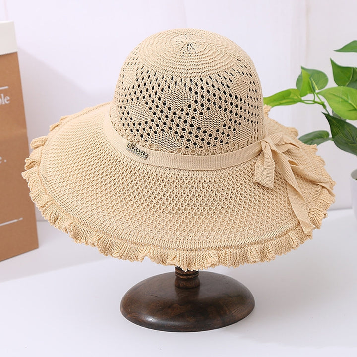 Summer Hat Hollowed-out Sun Protection Ruffled Edge Large Brim Sweet Bow Lady Sun Cap for Dating Image 12