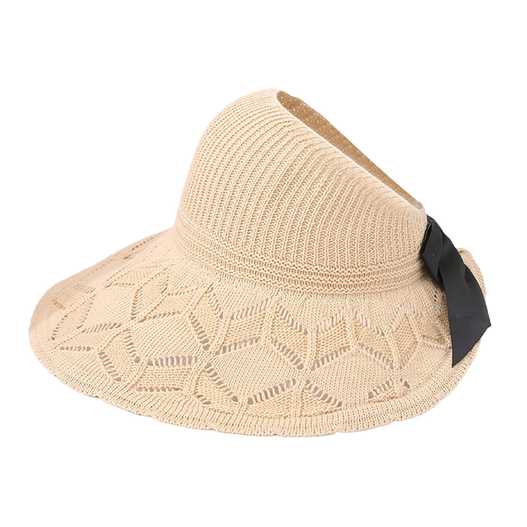 Sun Visor Hat Folding Sun Protection Hollowed-out Wide Brim Ribbon Bow Women Beach Hat for Outdoor Image 3