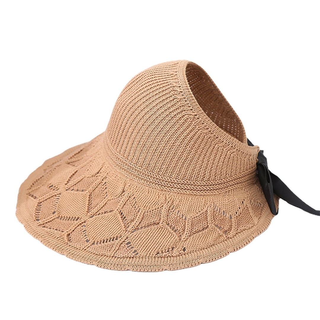 Sun Visor Hat Folding Sun Protection Hollowed-out Wide Brim Ribbon Bow Women Beach Hat for Outdoor Image 4