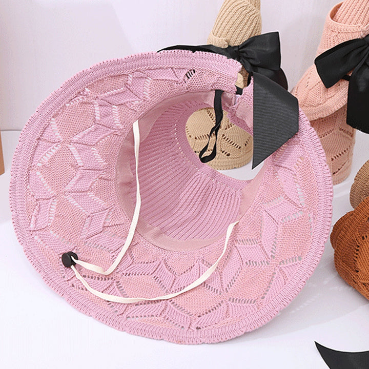 Sun Visor Hat Folding Sun Protection Hollowed-out Wide Brim Ribbon Bow Women Beach Hat for Outdoor Image 8